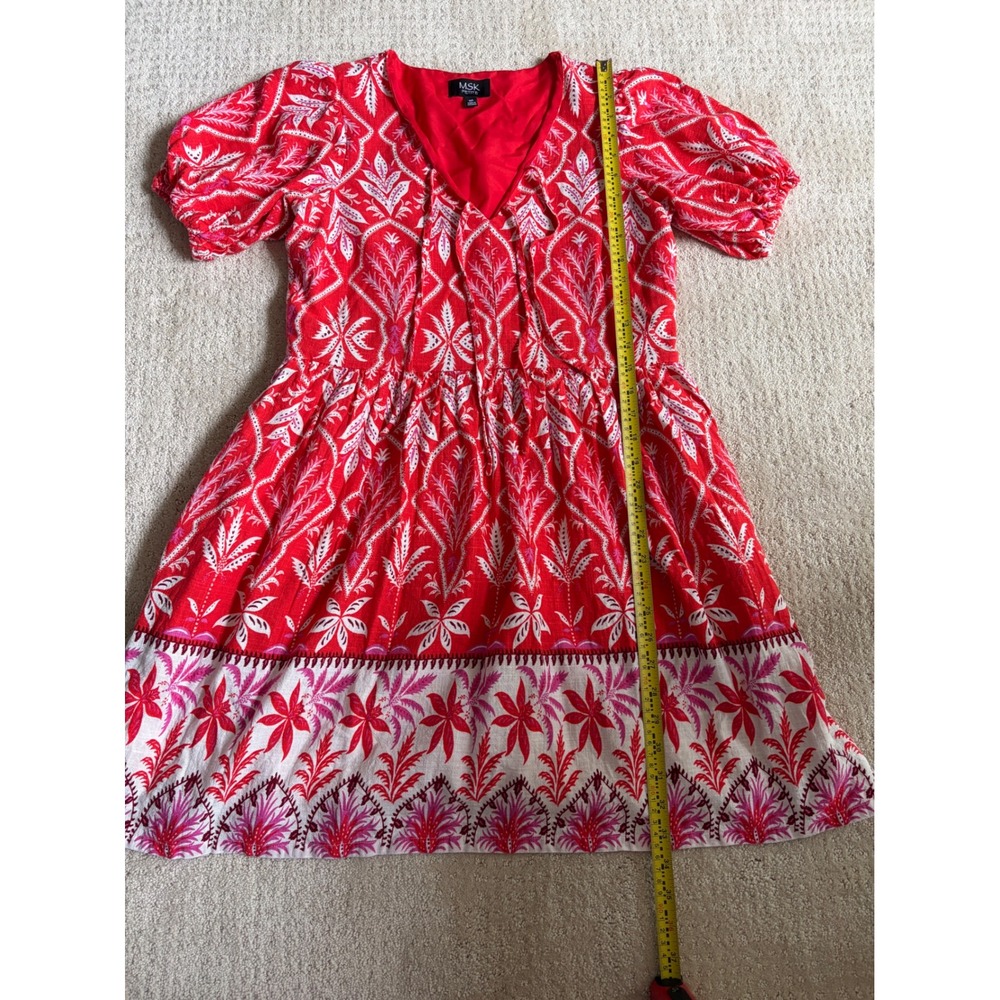 MSK Petite Red White Floral Medallion Puff Sleeve Linen‎ Blend Mini Dress MP